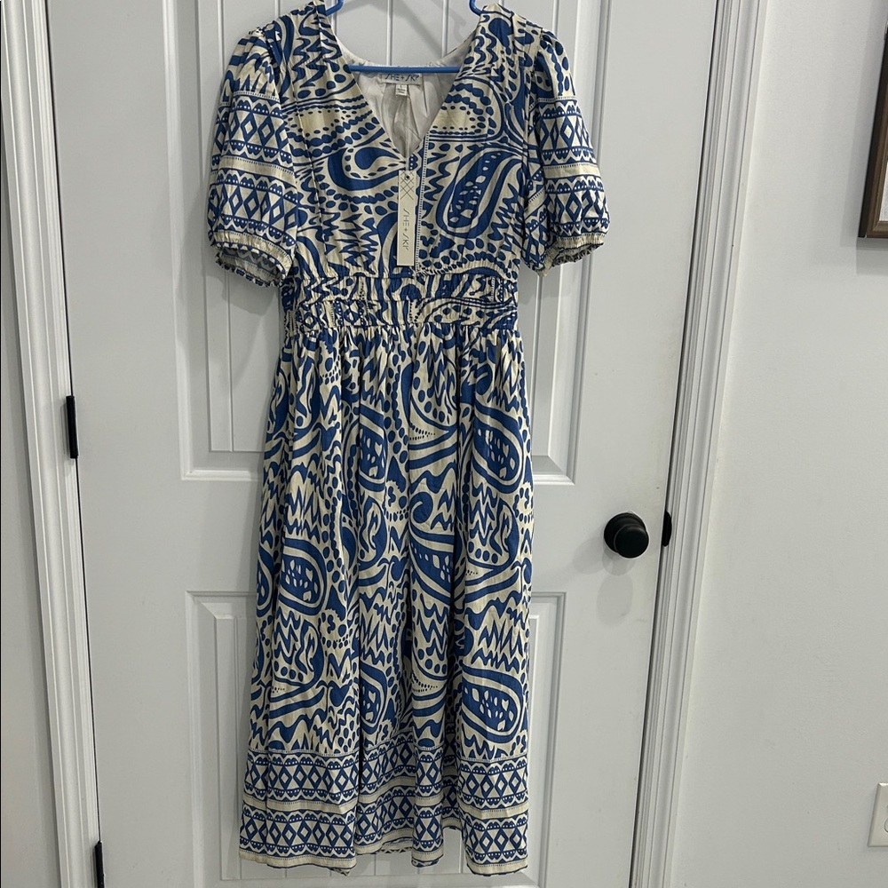 She + Sky Navy and Cream Patterned Midi Dress